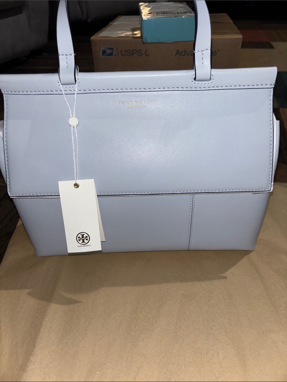 Tory Burch Pastel Blue Leather Structured Tote